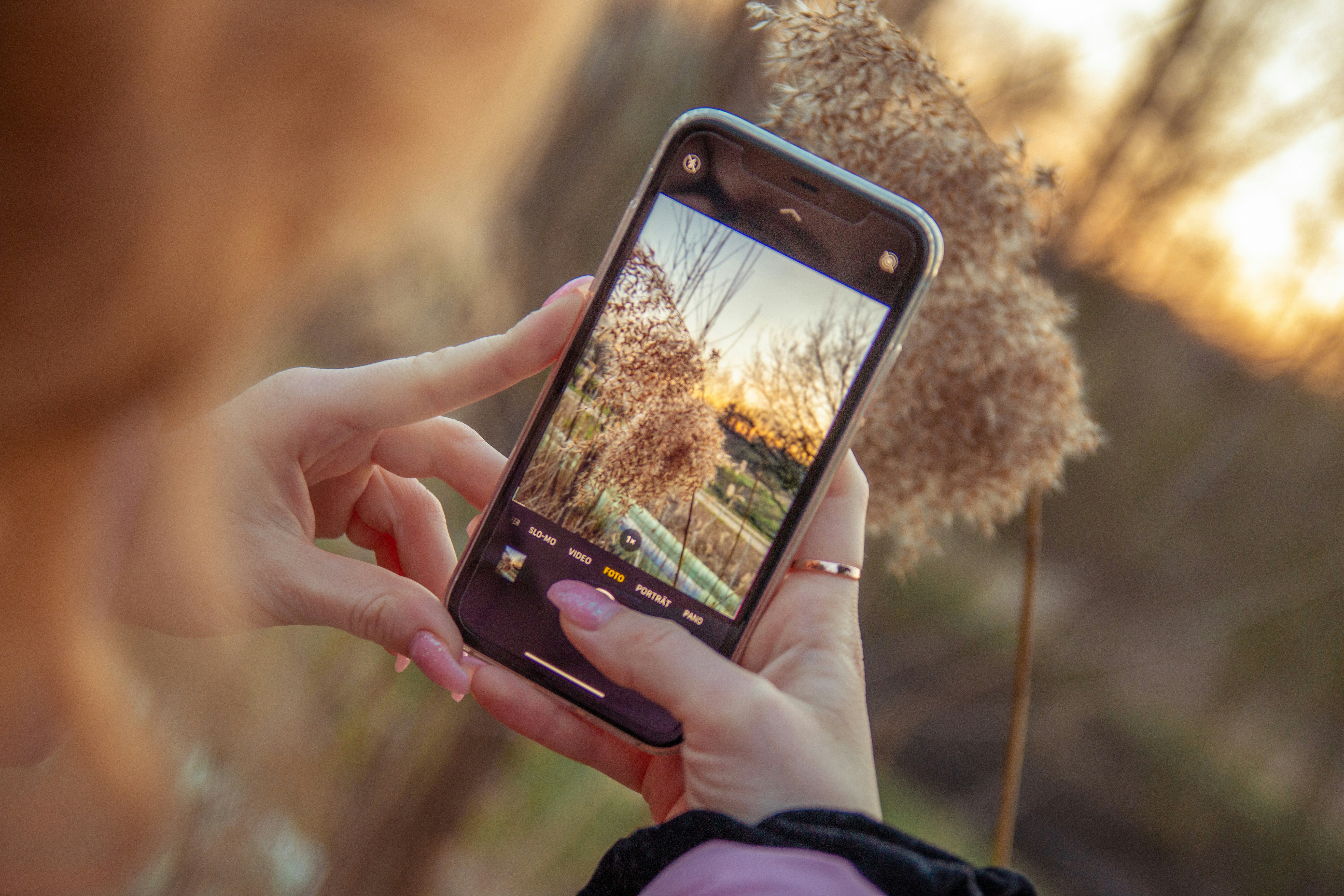 woman taking a picture with her cellphone of a plant
